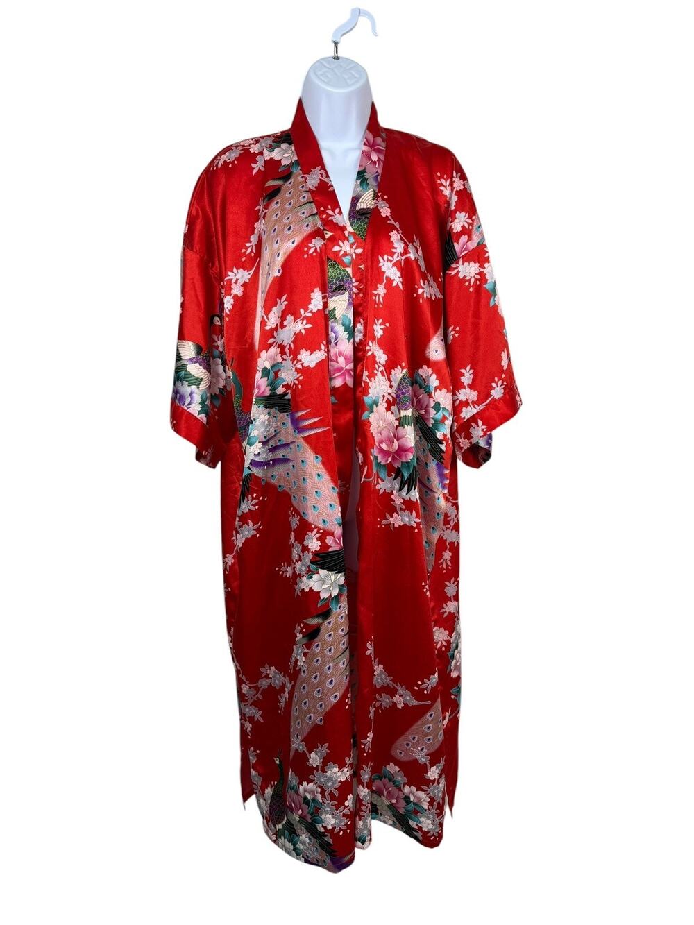 VINTAGE Eastern Collection Silk Kimono Robe Red Peacock Floral Asian Bohemian